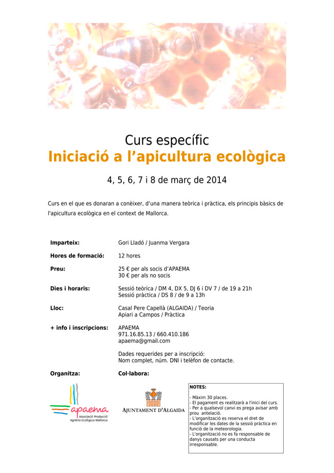 Curs d'iniciació a l'apicultura ecològica a Algaida